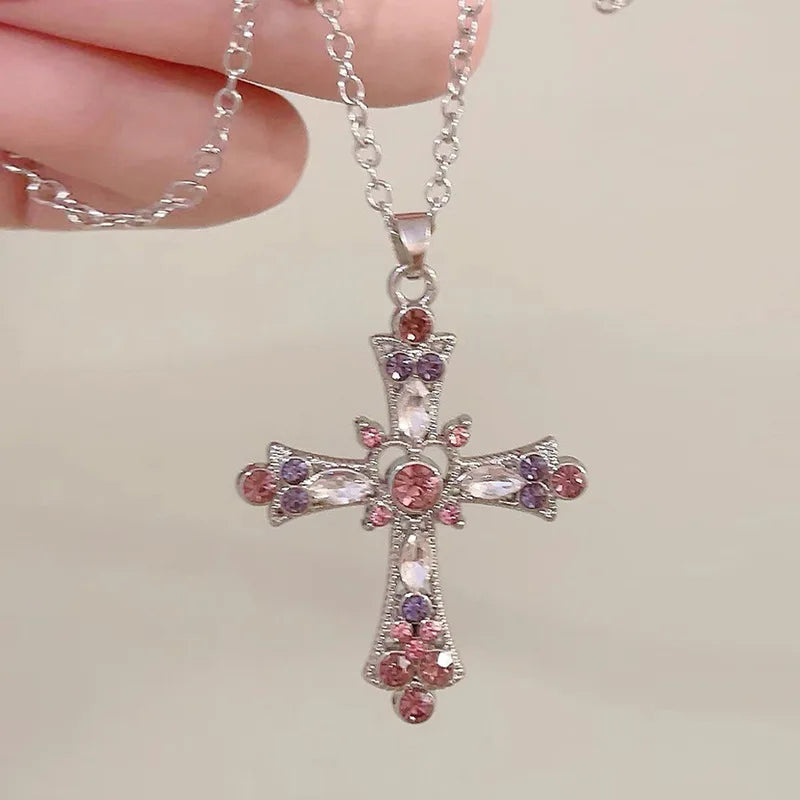 Pink Zircon Cross Pendant Necklace