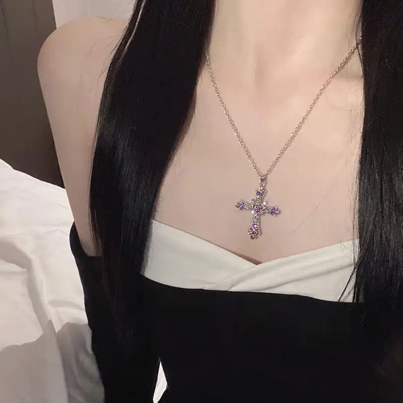 Pink Zircon Cross Pendant Necklace