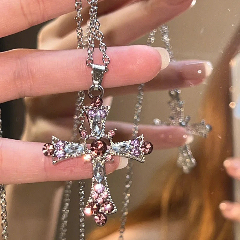 Pink Zircon Cross Pendant Necklace